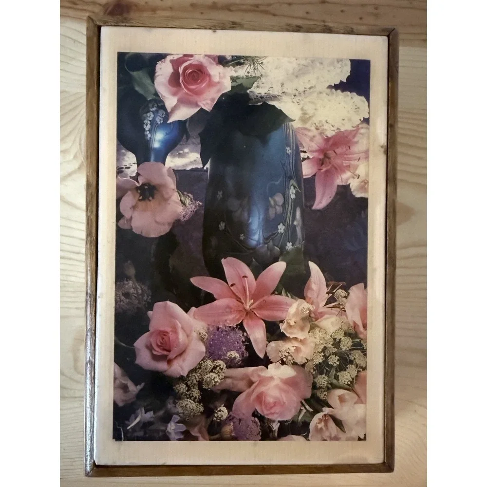Vtg 80's Wooden Keepsake Box Floral Tile Inlay Felt lined 6X 8.5
